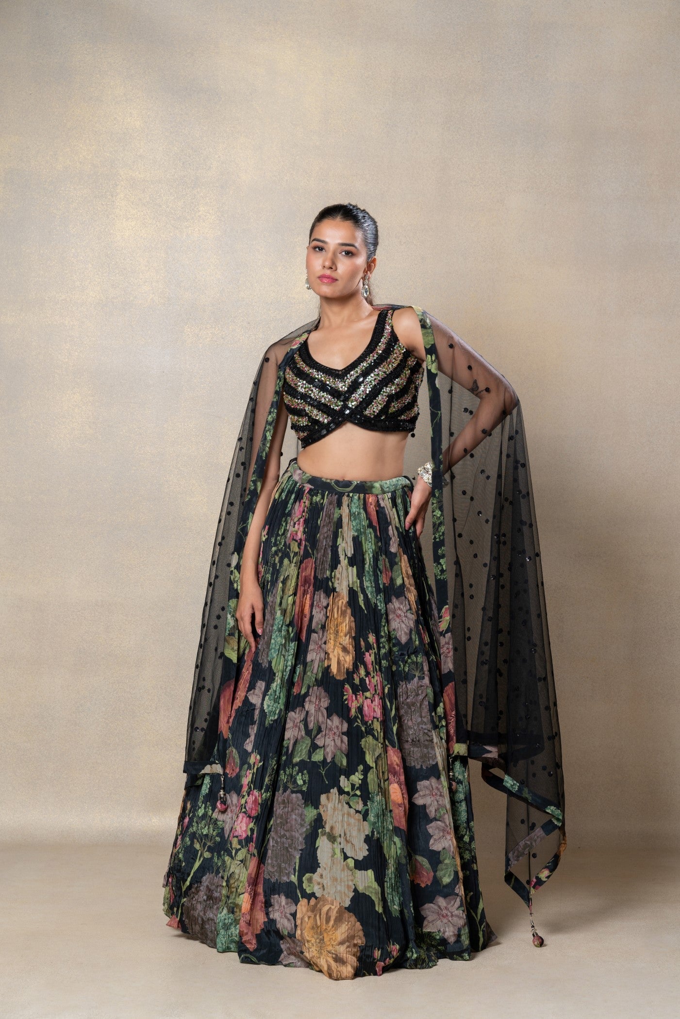 Sable black crepe silk sequins embroidered lehenga set