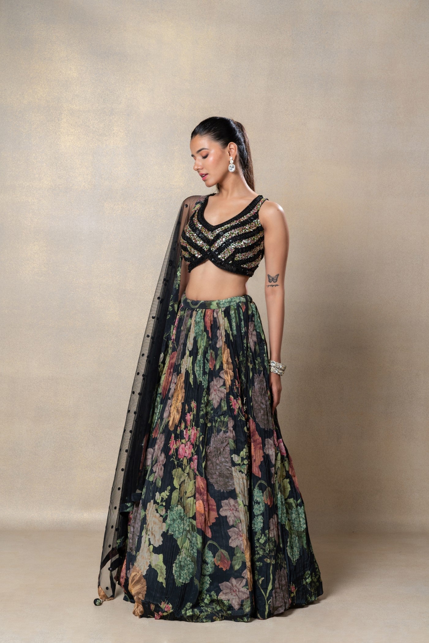 Sable black crepe silk sequins embroidered lehenga set