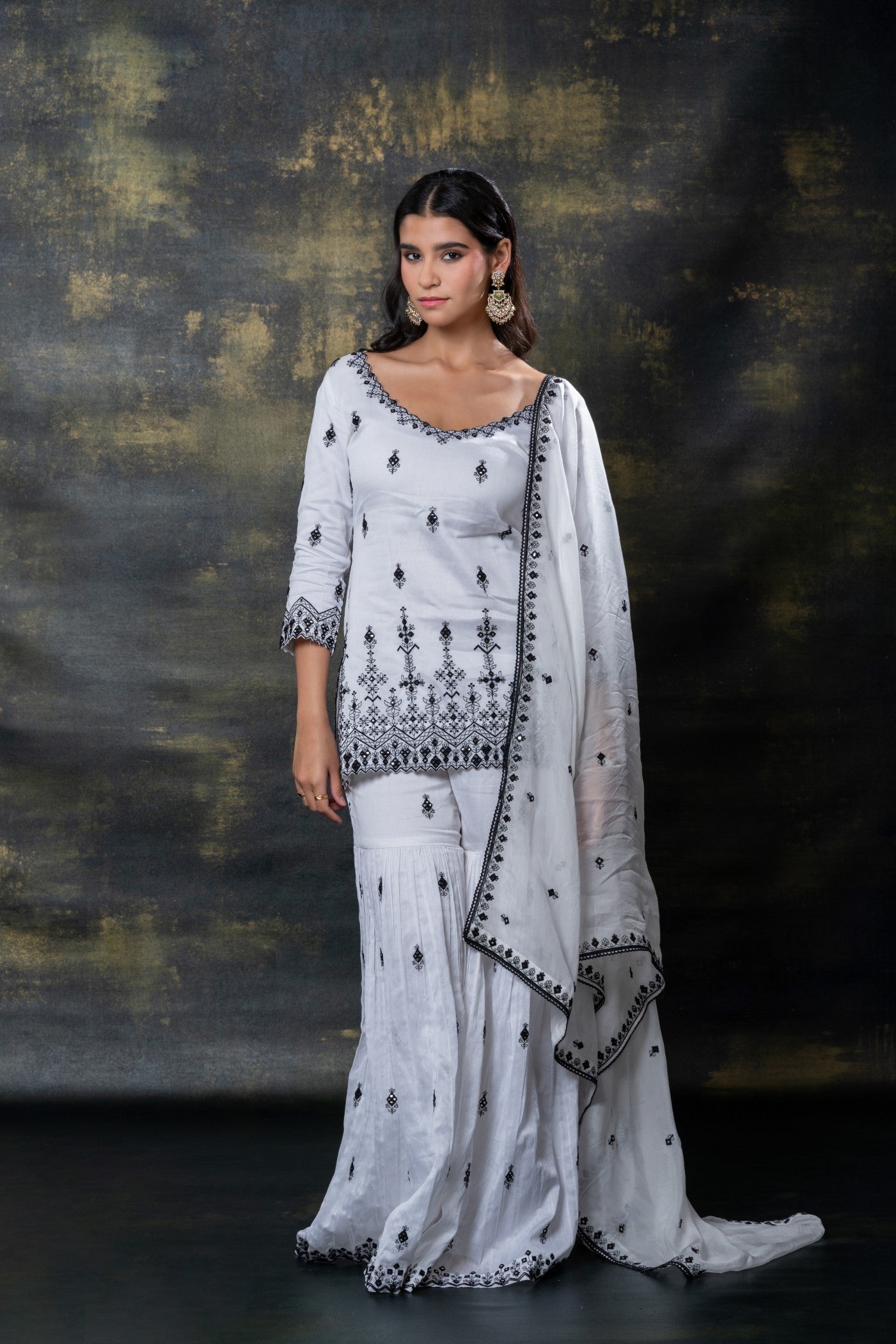 Porcelain white soft silk resham and mirror embellished suit set