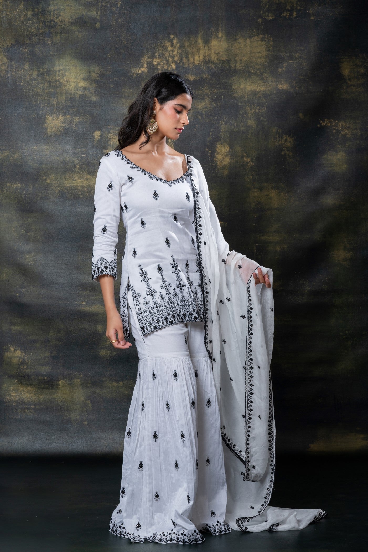 Porcelain white soft silk resham and mirror embellished suit set