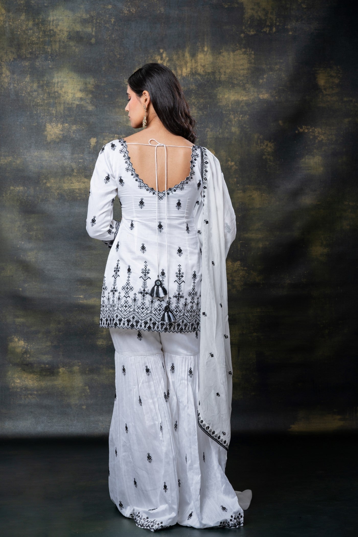 Porcelain white soft silk resham and mirror embellished suit set