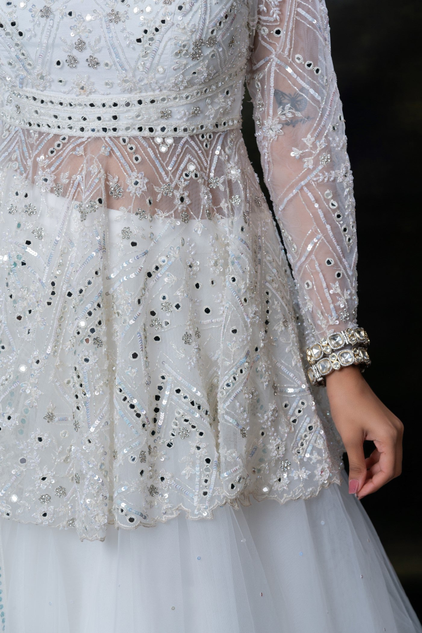 Ice white mirror embellished net indo-western set