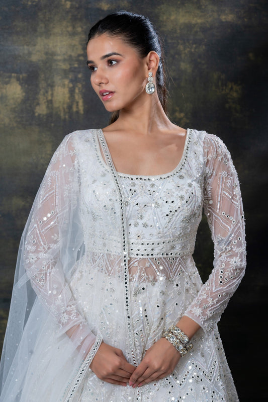 Ice white mirror embellished net indo-western set