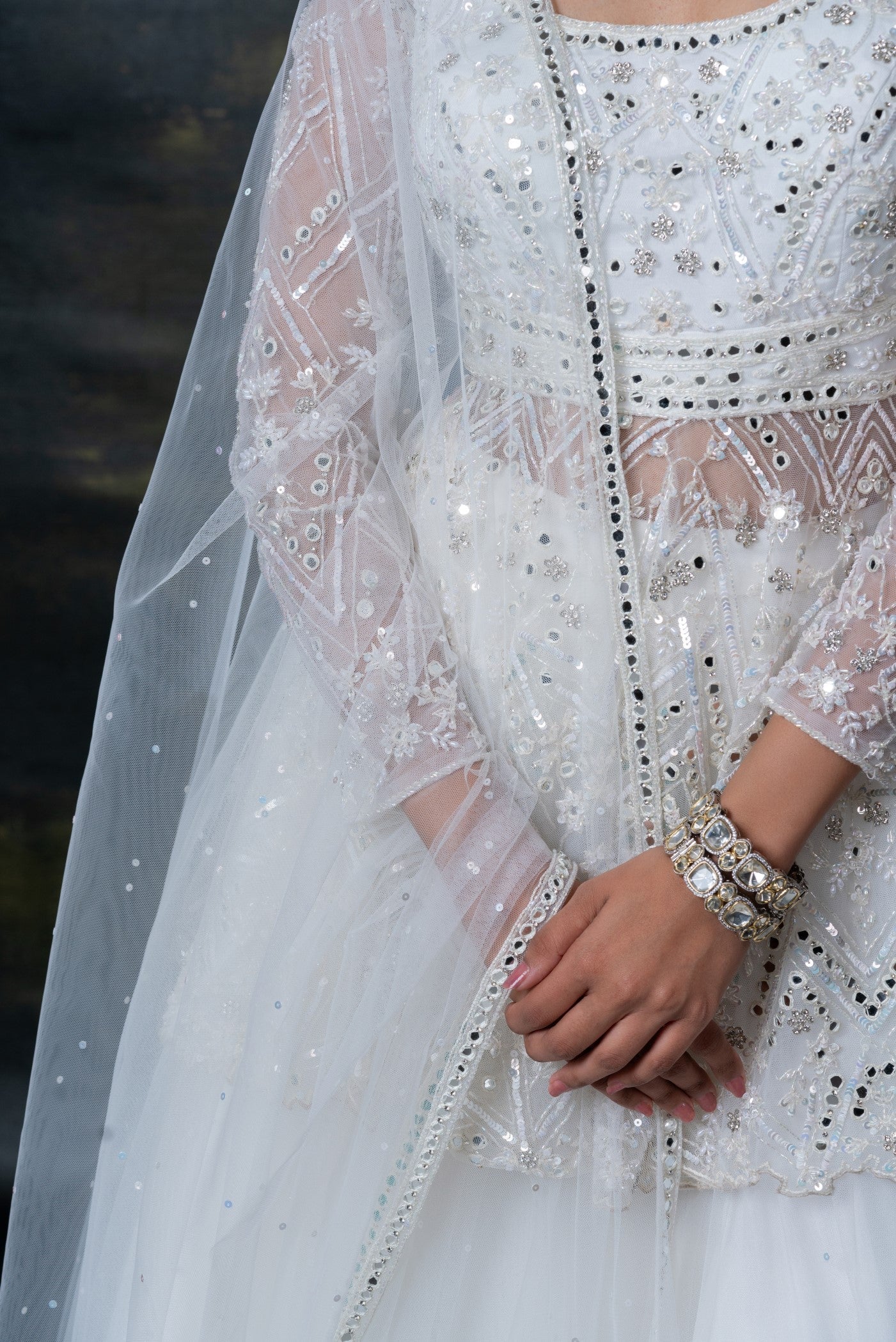 Ice white mirror embellished net indo-western set