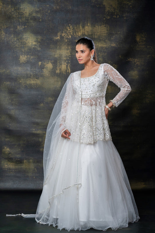 Ice white mirror embellished net indo-western set