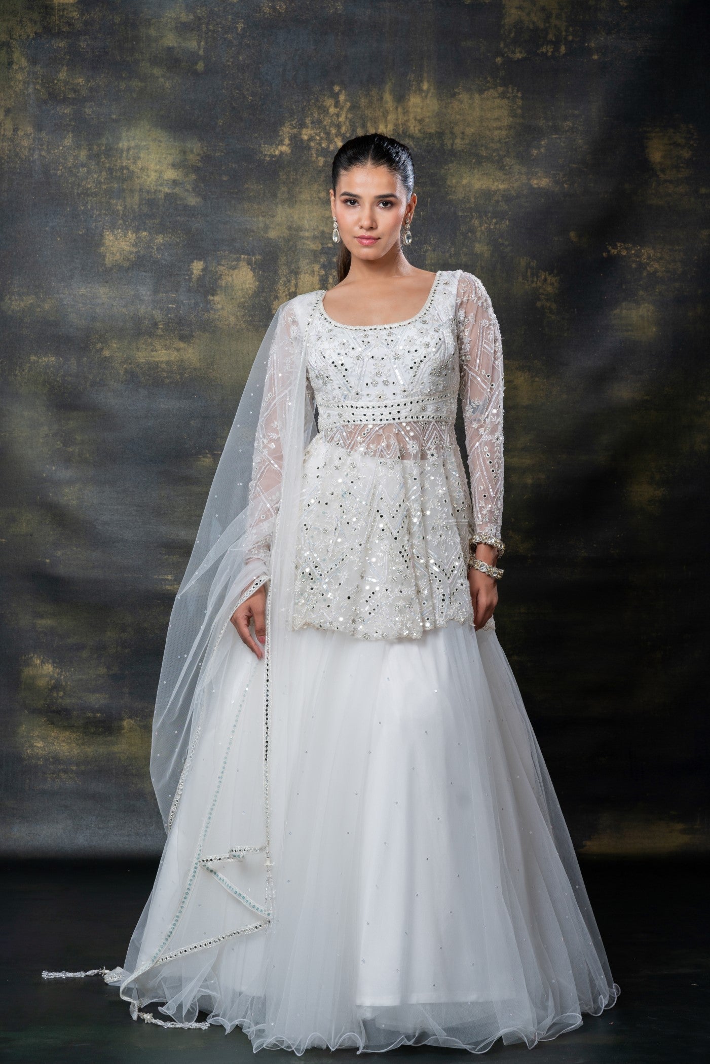 Ice white mirror embellished net indo-western set