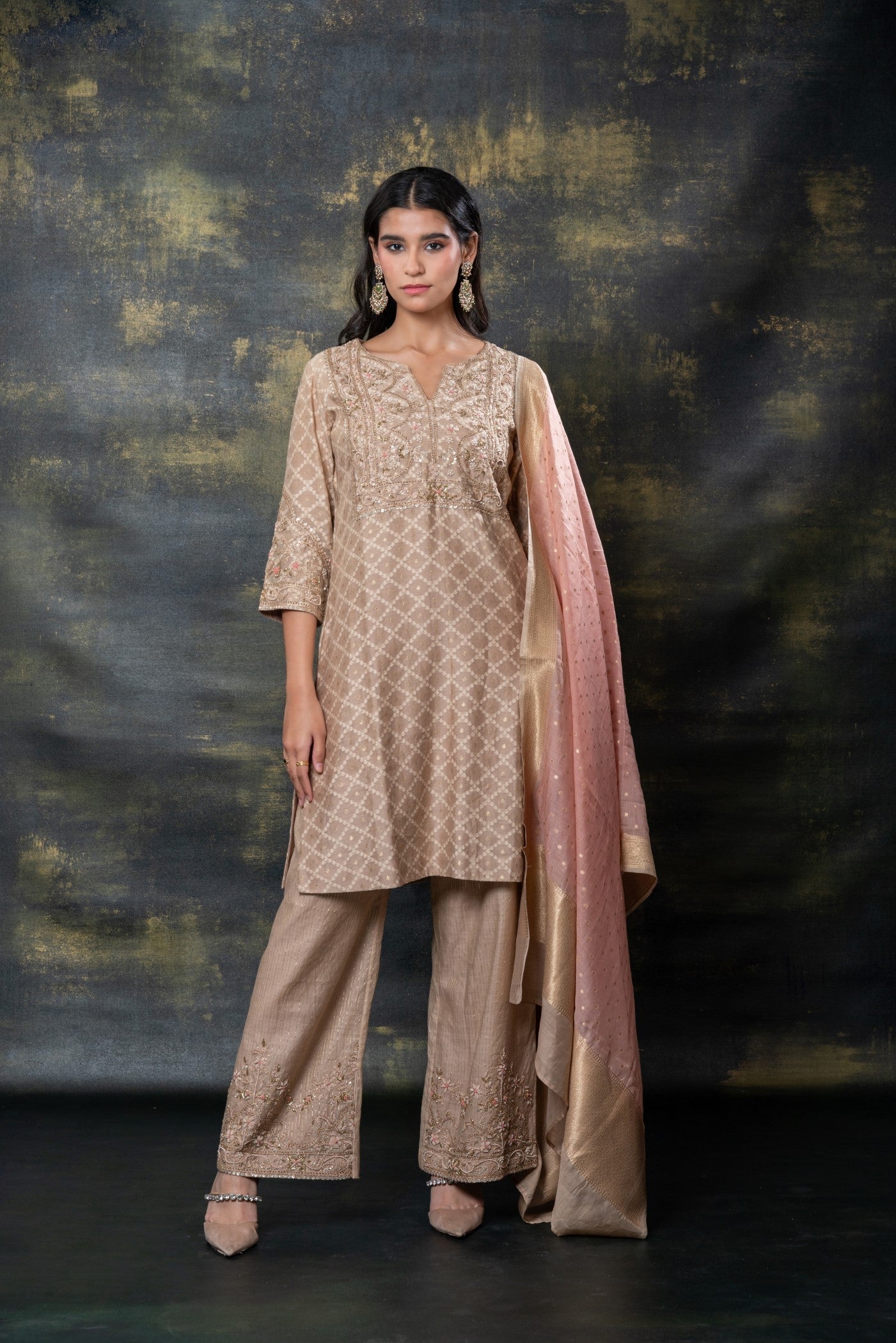 Nude brown sequins and zari embellished soft silk suit set