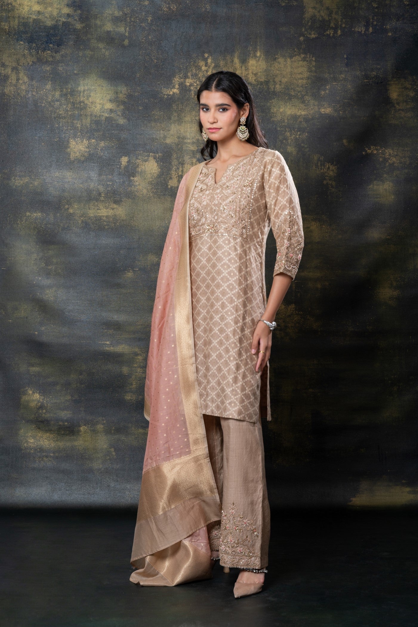 Nude brown sequins and zari embellished soft silk suit set