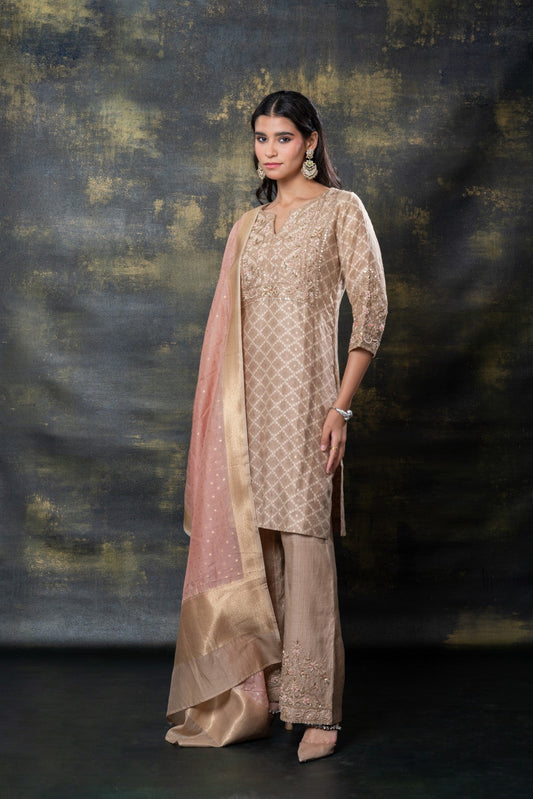 Nude brown sequins and zari embellished soft silk suit set