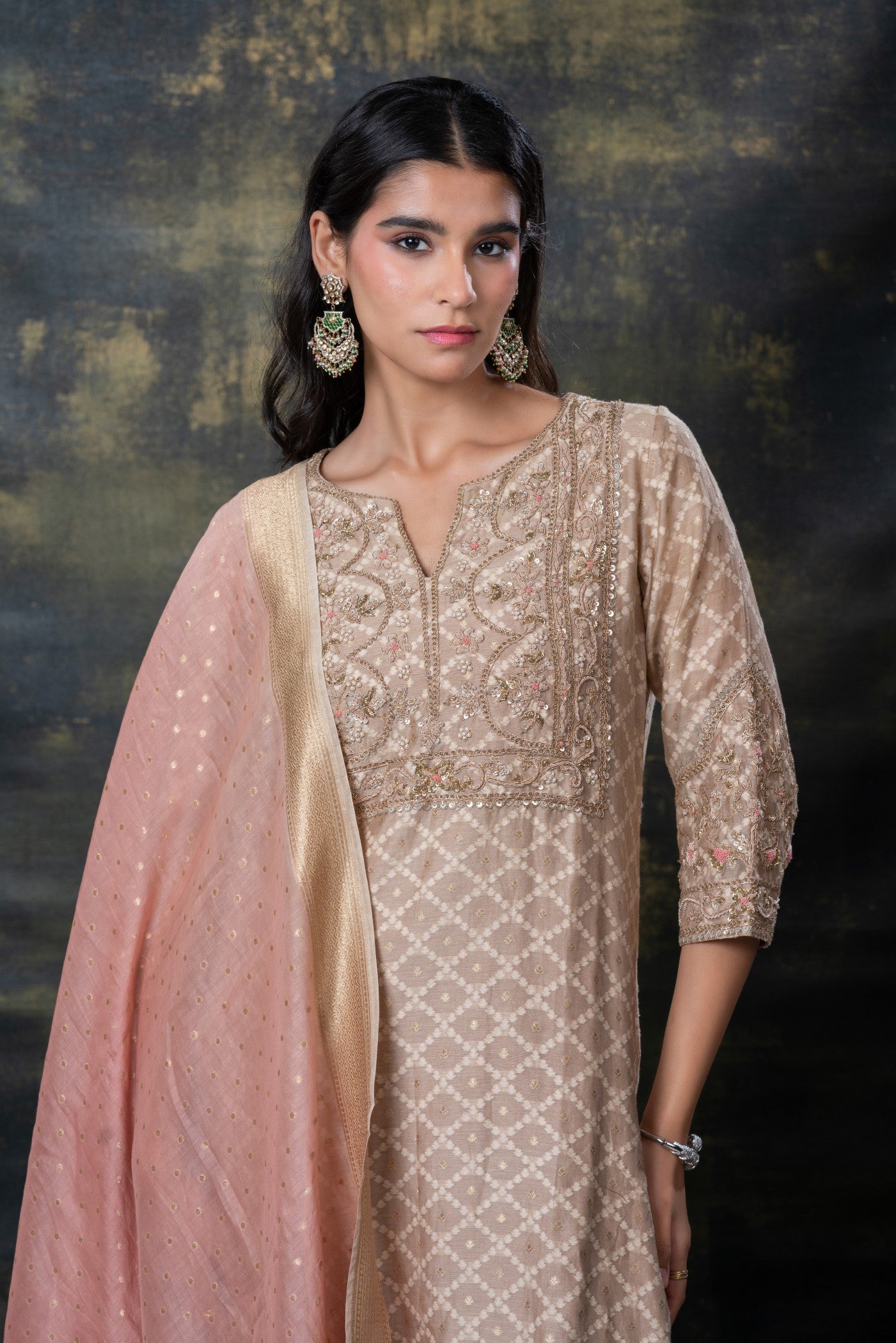 Nude brown sequins and zari embellished soft silk suit set