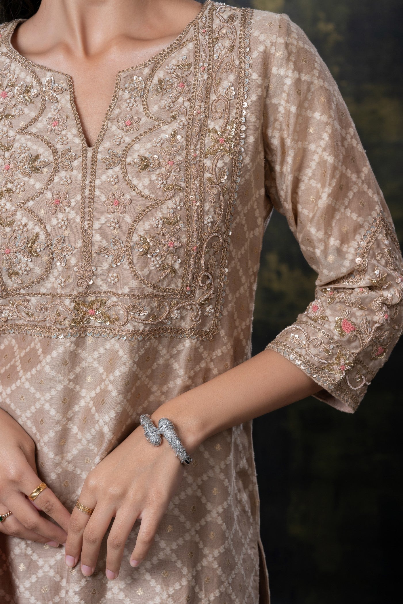 Nude brown sequins and zari embellished soft silk suit set