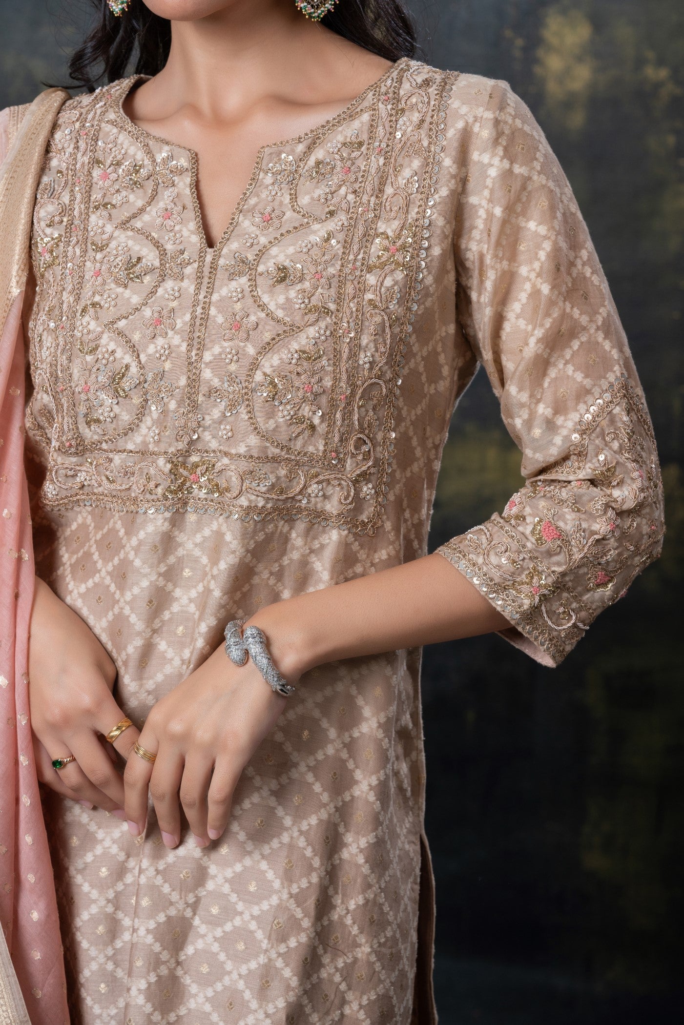Nude brown sequins and zari embellished soft silk suit set