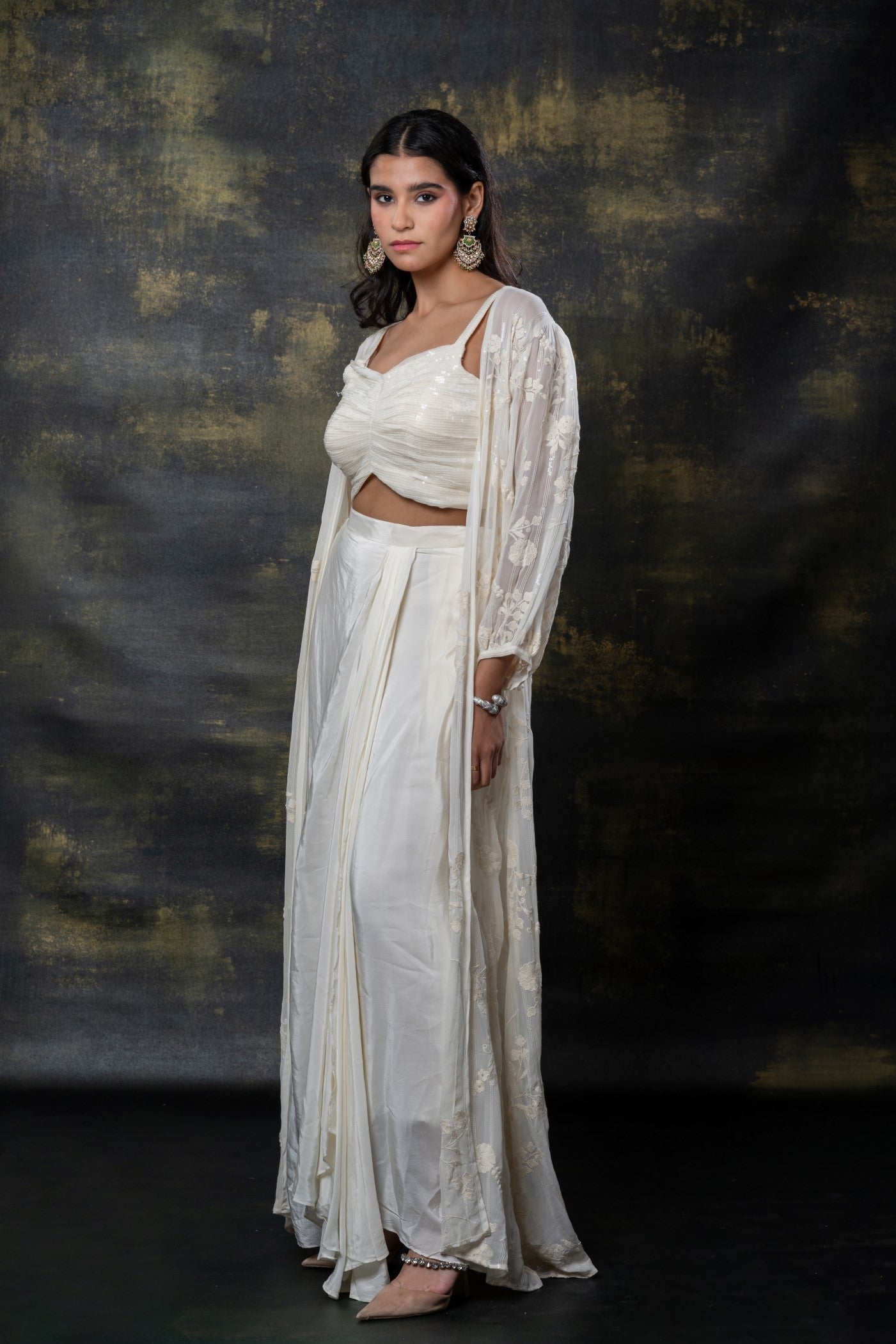 Porcelain white sequins embellished soft silk ino-western set