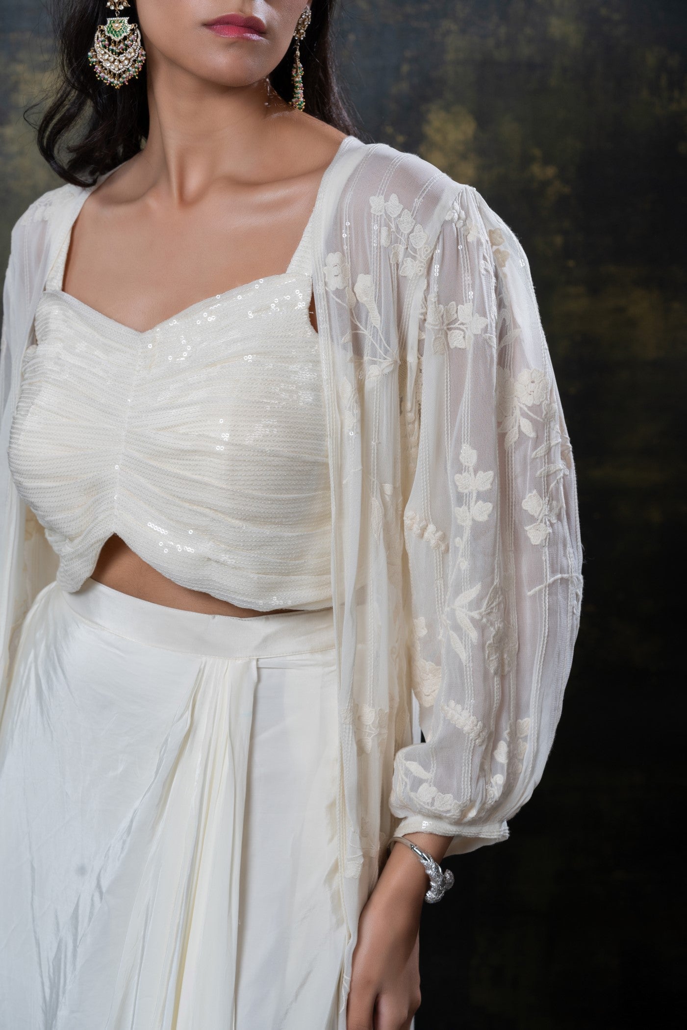 Porcelain white sequins embellished soft silk ino-western set