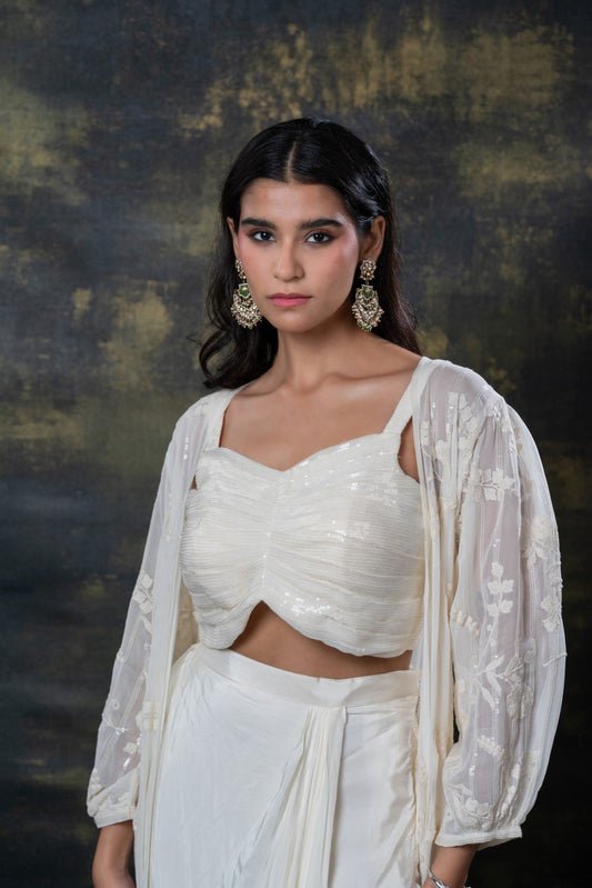 Porcelain white sequins embellished soft silk ino-western set