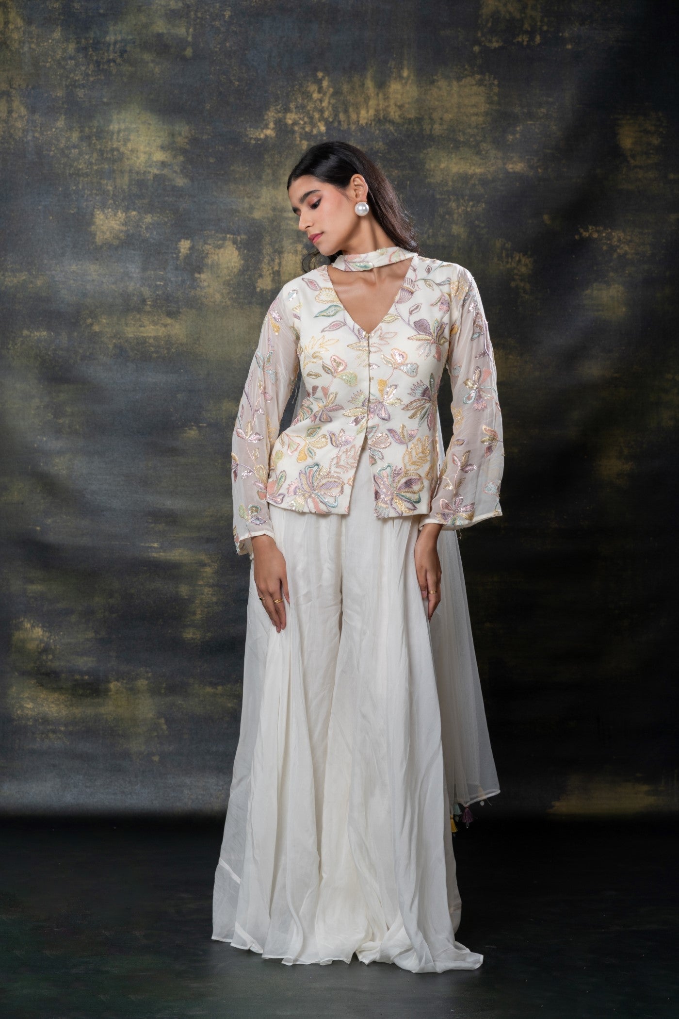 Pearl white sequins embroidered soft silk indo-western set