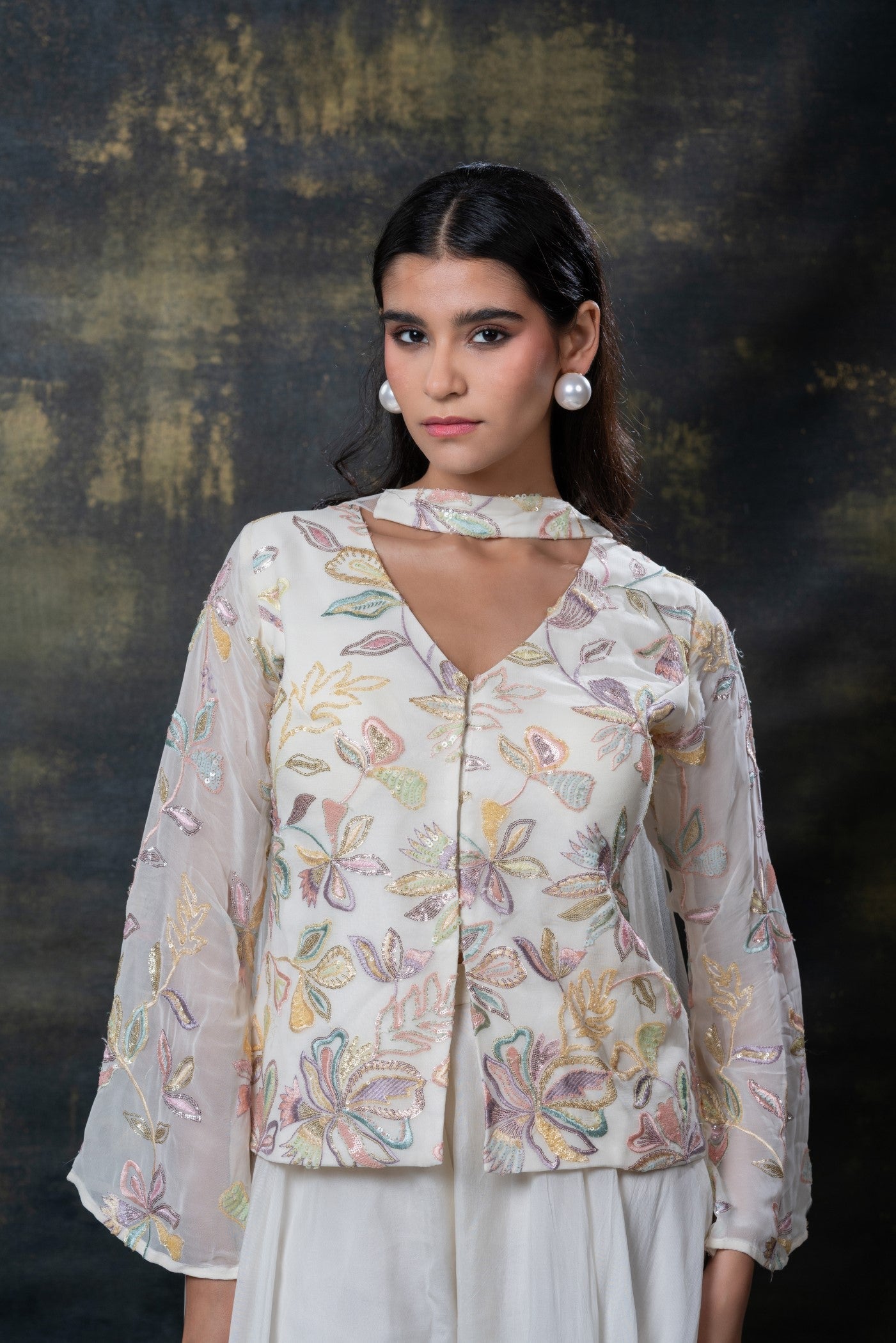 Pearl white sequins embroidered soft silk indo-western set