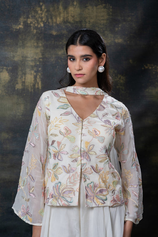 Pearl white sequins embroidered soft silk indo-western set