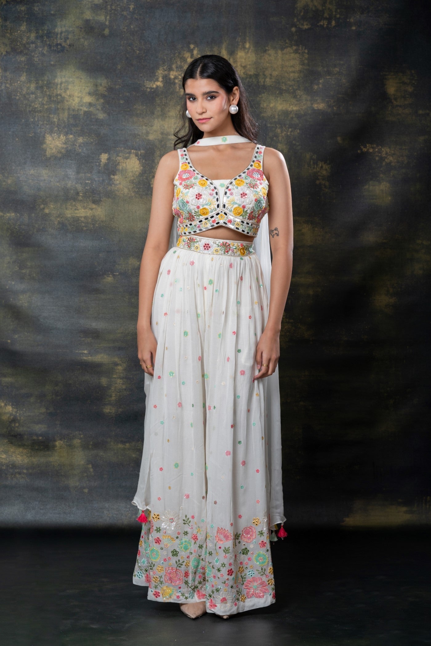 Pearl white mirror and sequins embellished georgette indo-western set