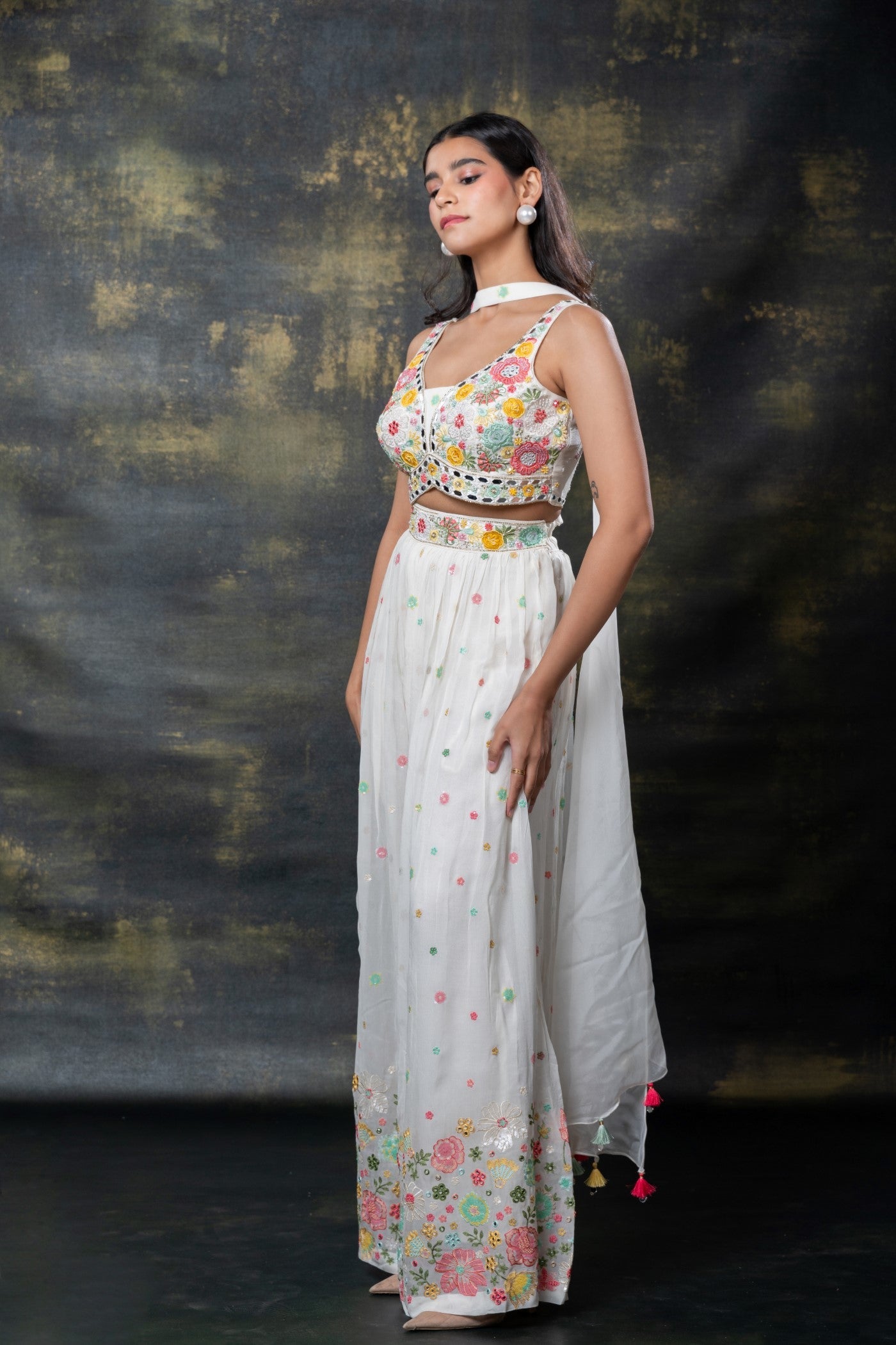 Pearl white mirror and sequins embellished georgette indo-western set