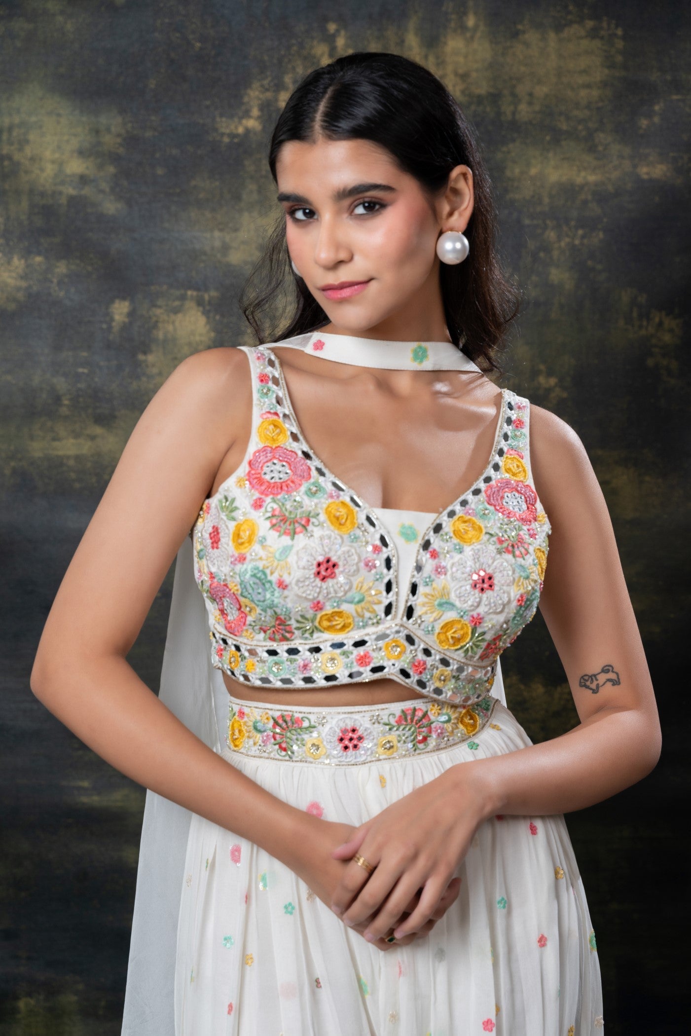 Pearl white mirror and sequins embellished georgette indo-western set