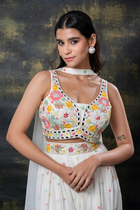 Pearl white mirror and sequins embellished georgette indo-western set