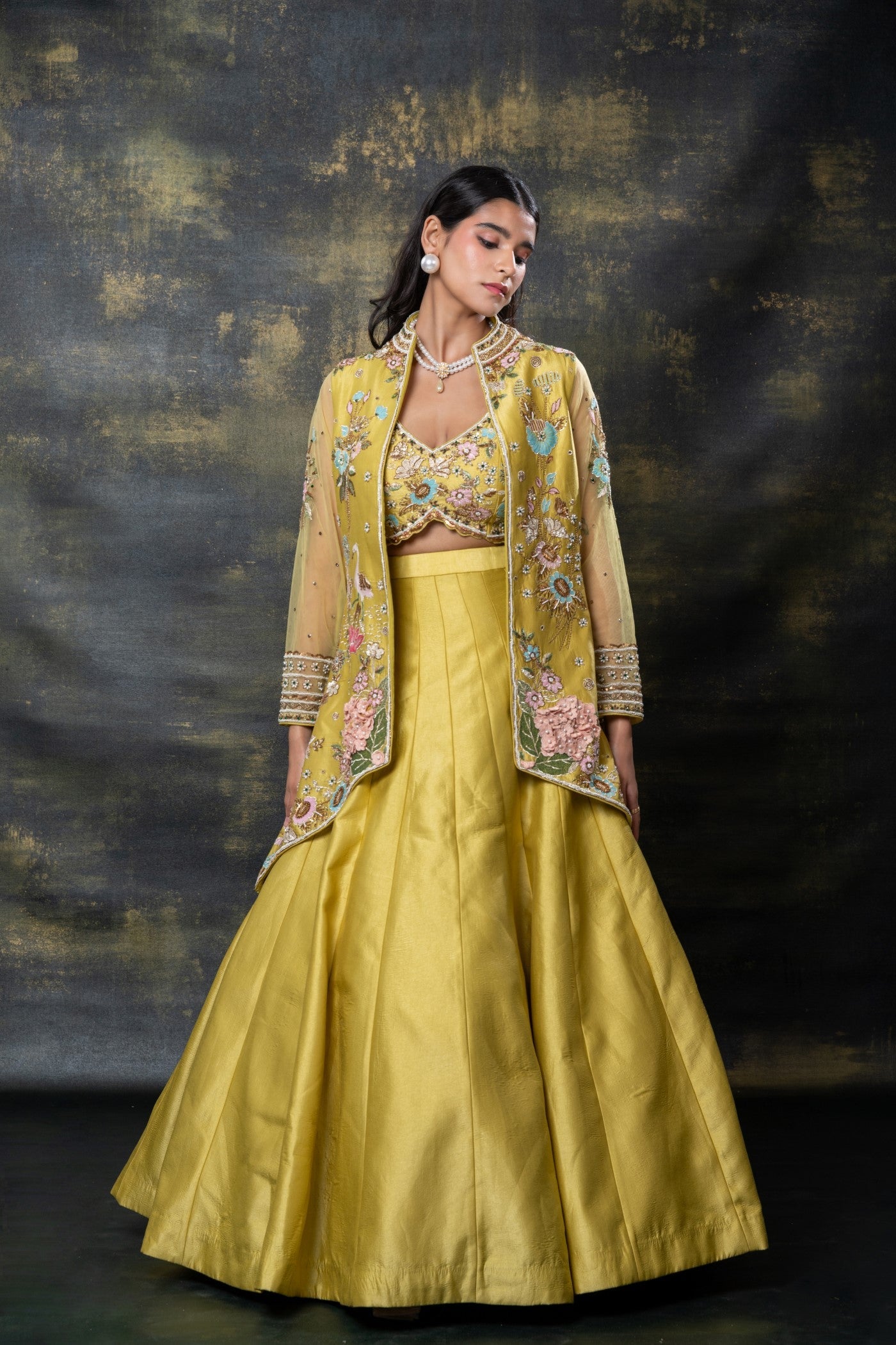 Mimosa yellow heavily embellished raw silk indo-western set