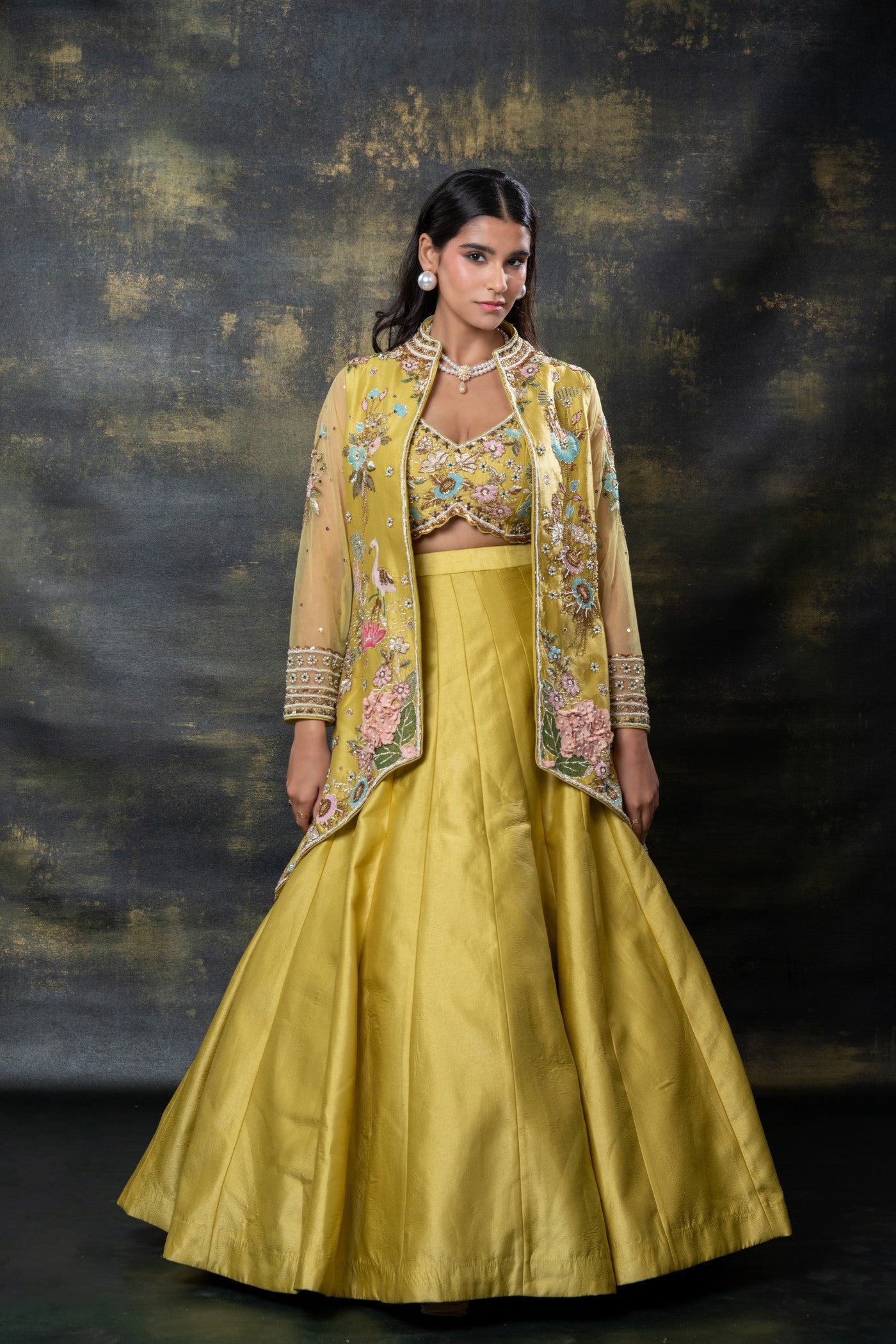 Mimosa yellow heavily embellished raw silk indo-western set