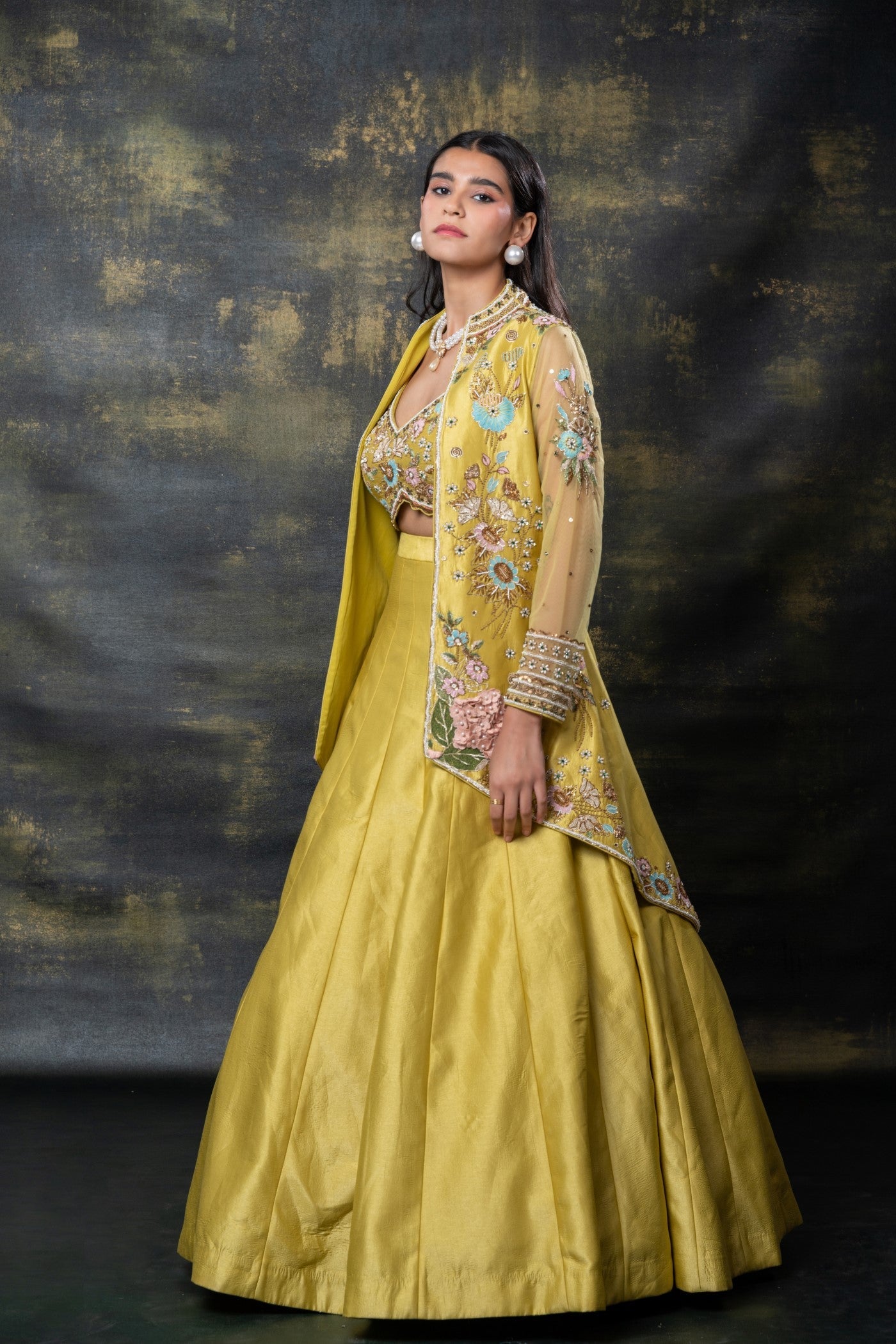 Mimosa yellow heavily embellished raw silk indo-western set