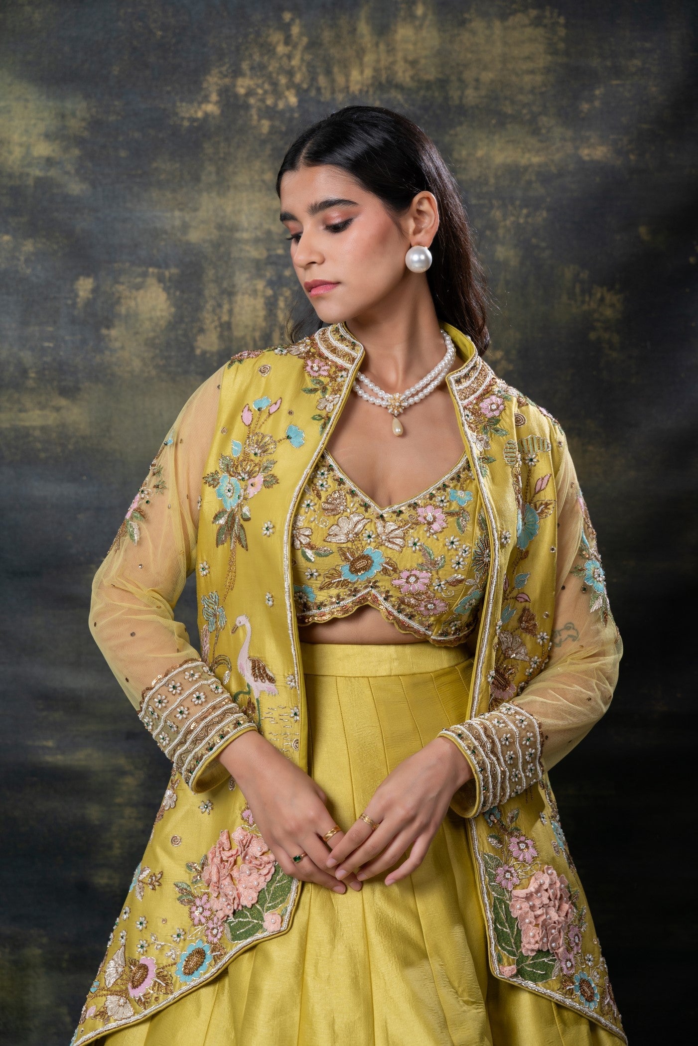 Mimosa yellow heavily embellished raw silk indo-western set