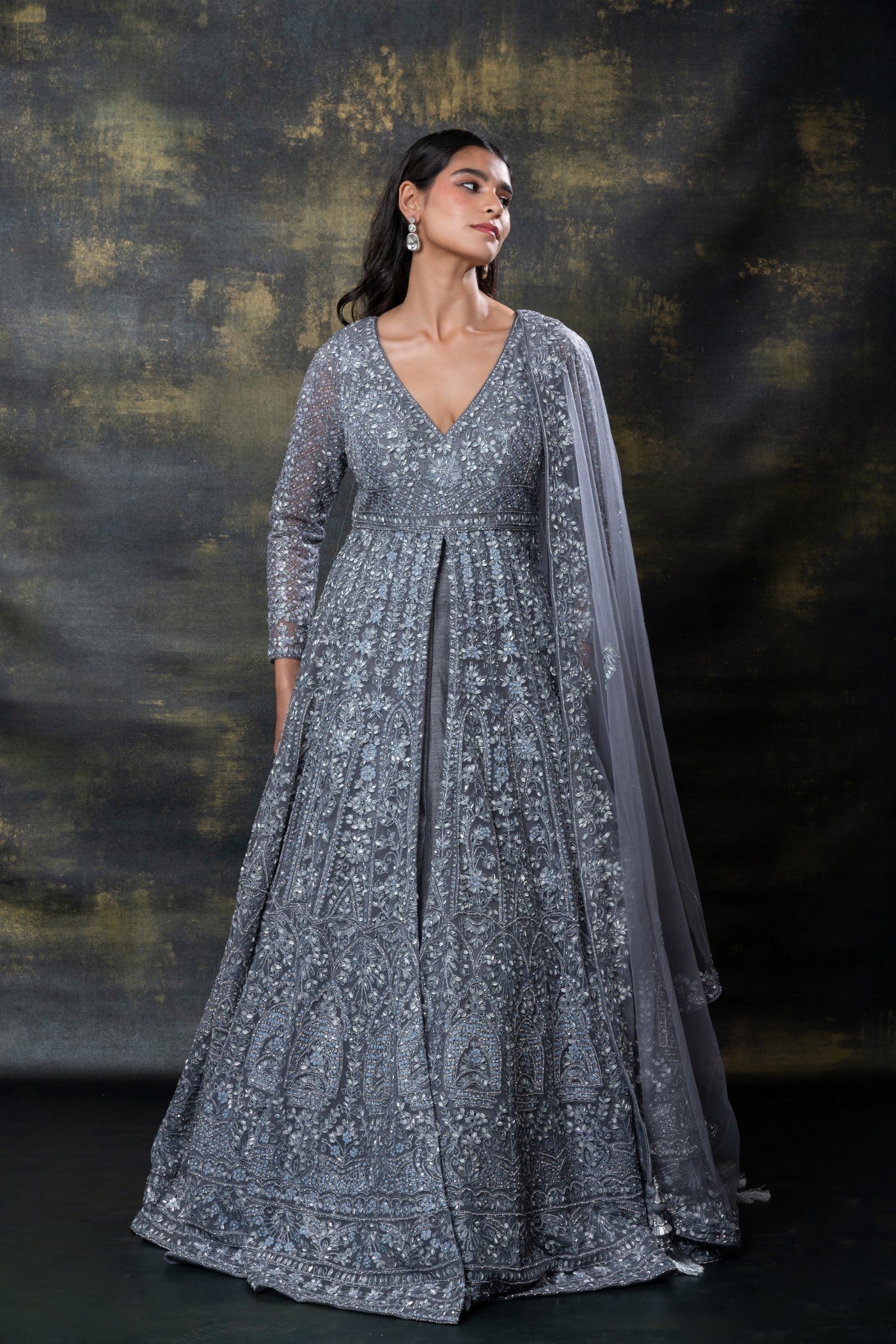 Silver grey heavily embroidered net indo-western set