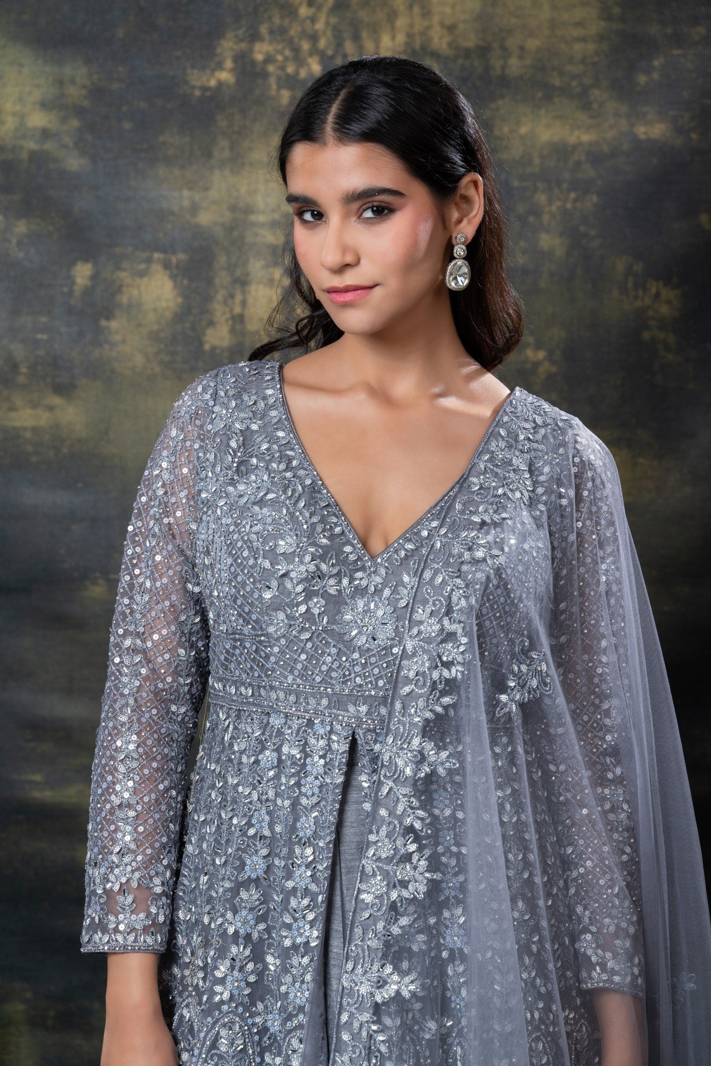 Silver grey heavily embroidered net indo-western set