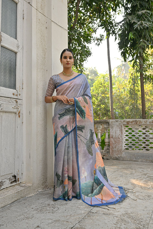 Jiyani Flower Blue Cotton Silk Floral printed Saree