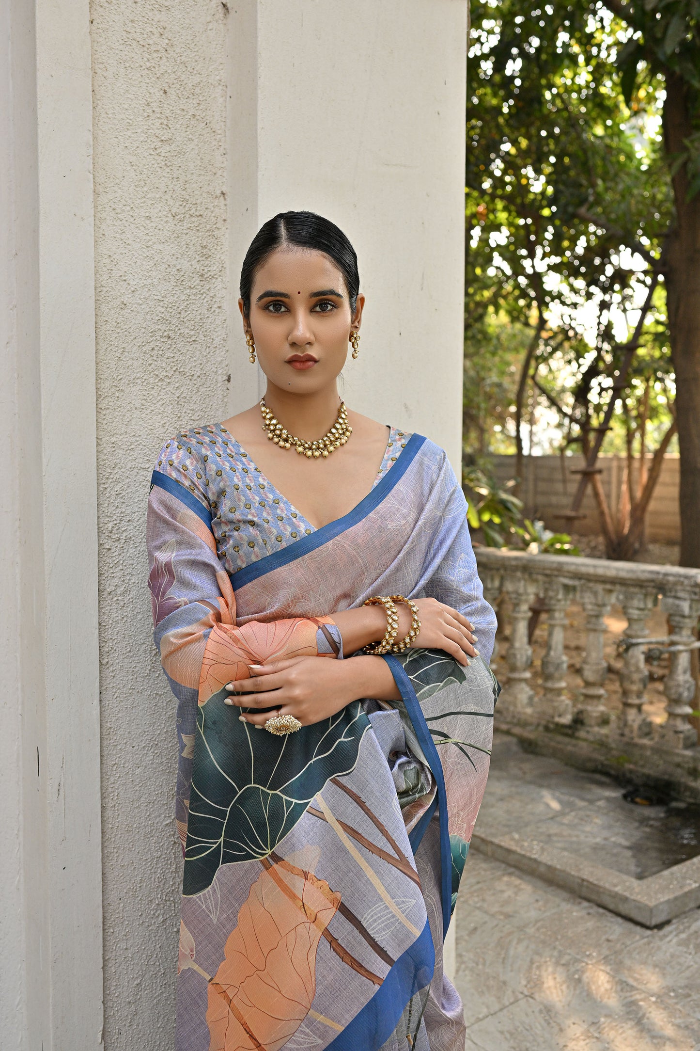 Jiyani Flower Blue Cotton Silk Floral printed Saree