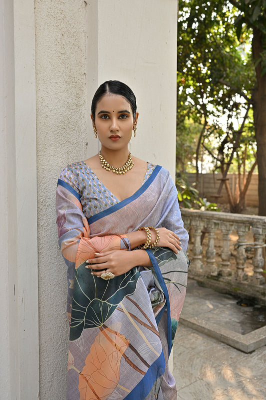 Jiyani Flower Blue Cotton Silk Floral printed Saree
