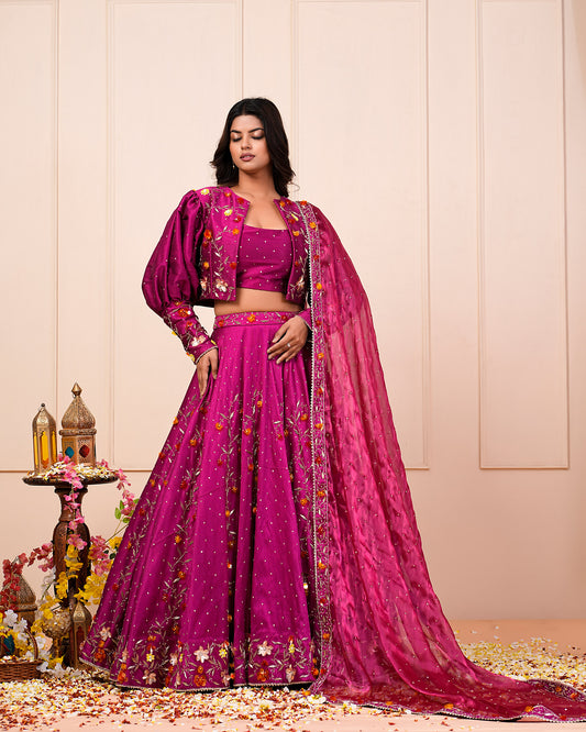 Heavy Handwork Rosa Rosario Lehenga Choli With Jacket Dupatta Set