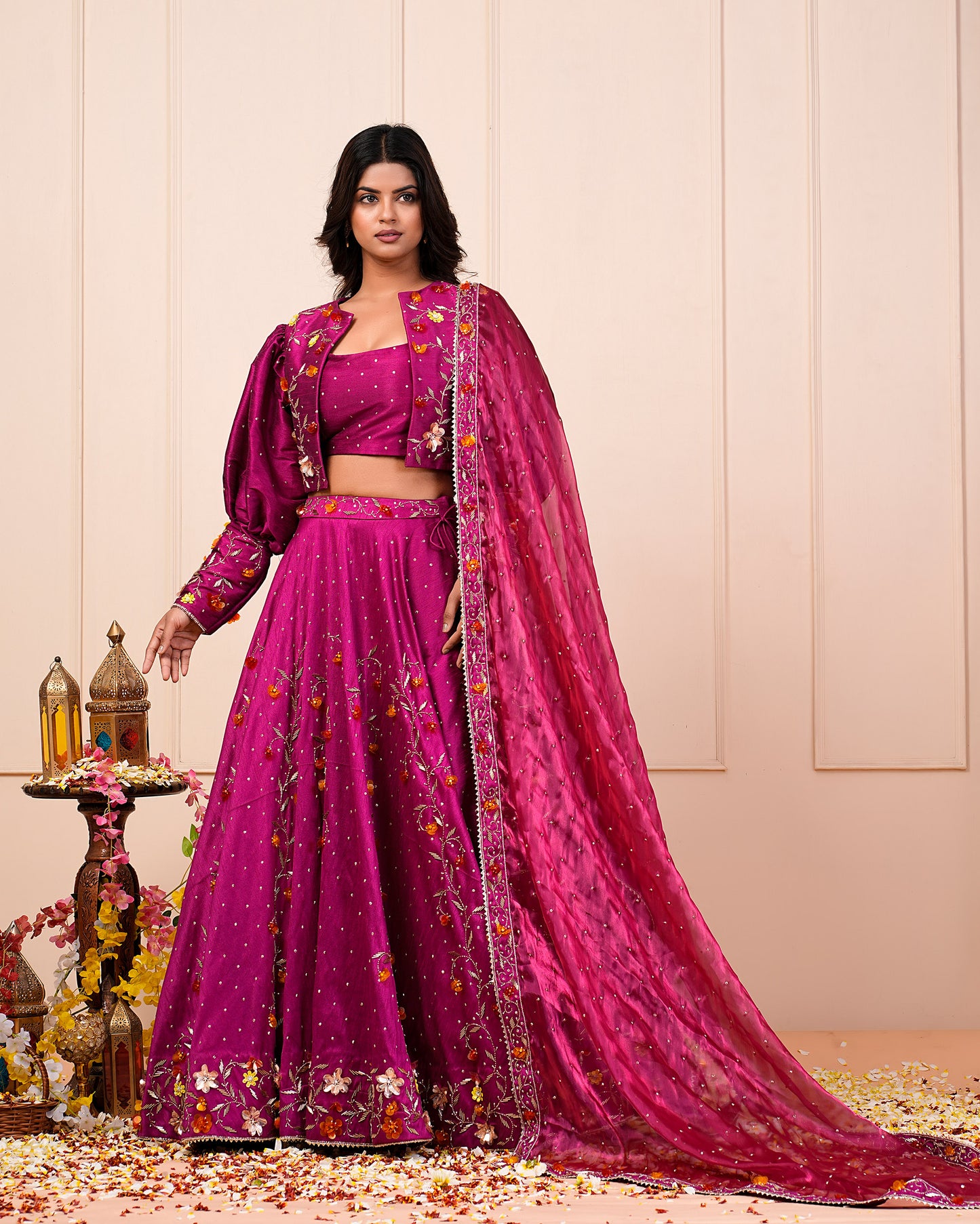 Heavy Handwork Rosa Rosario Lehenga Choli With Jacket Dupatta Set