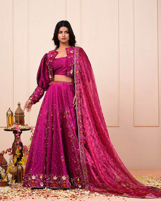 Heavy Handwork Rosa Rosario Lehenga Choli With Jacket Dupatta Set