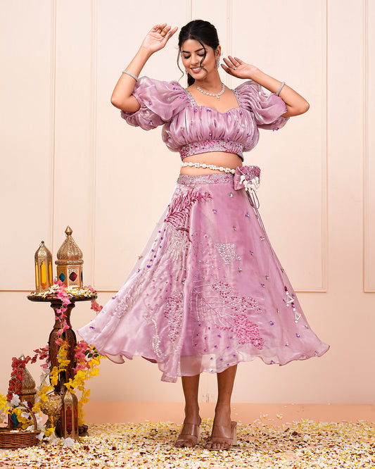 Pink Lavender Floral Hand Embroidered Short Lehenga Choli With Bum Bag Set