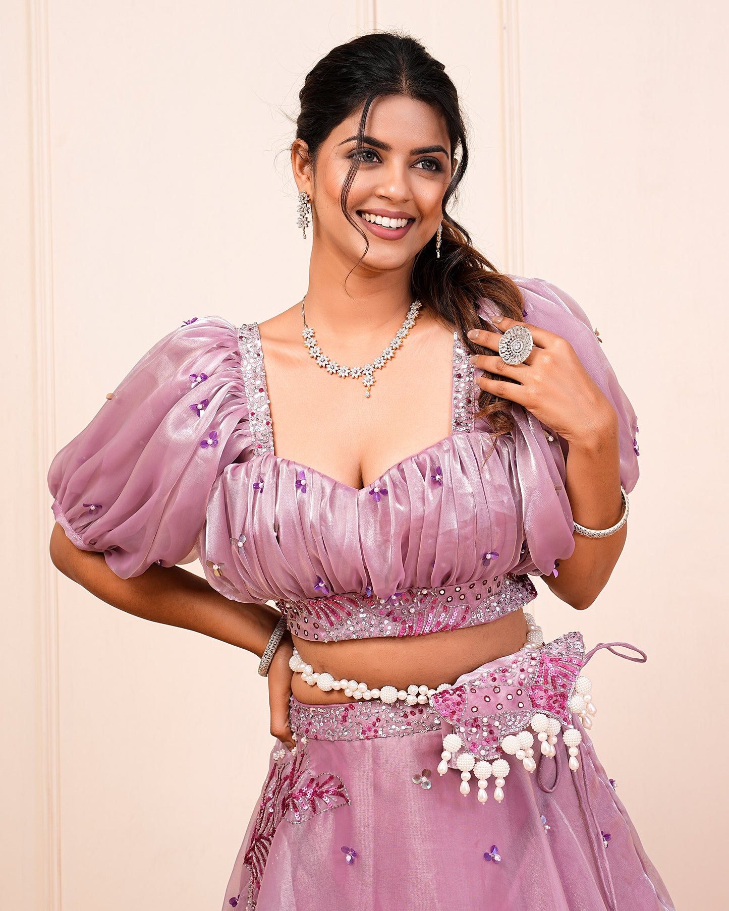 Pink Lavender Floral Hand Embroidered Short Lehenga Choli With Bum Bag Set