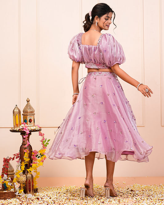 Pink Lavender Floral Hand Embroidered Short Lehenga Choli With Bum Bag Set