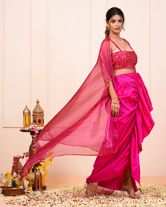 Pink Heavy Embroidered Choli With Drape Skirt And Cape Set