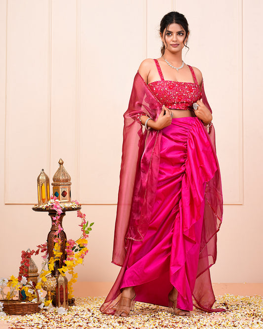 Pink Heavy Embroidered Choli With Drape Skirt And Cape Set