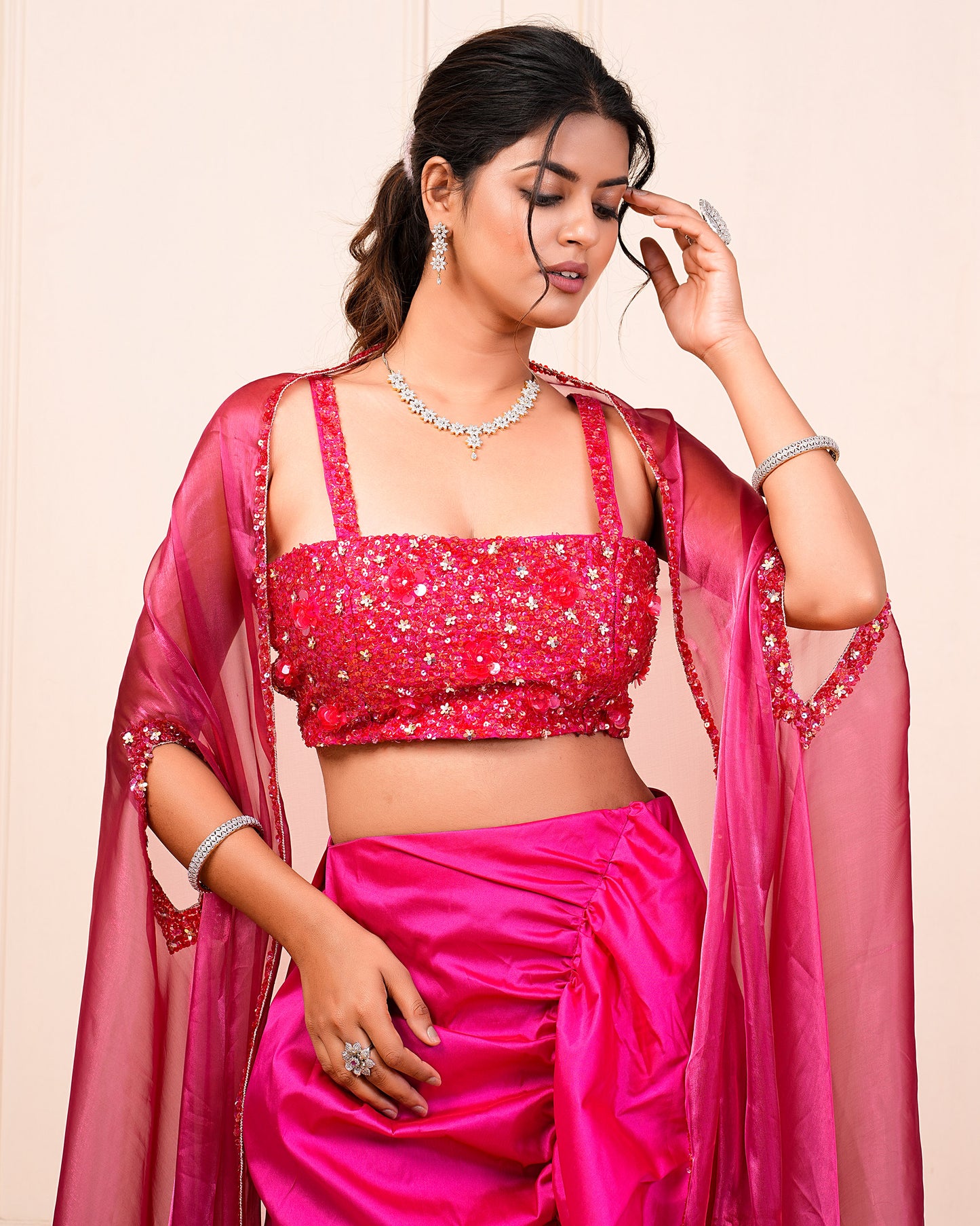 Pink Heavy Embroidered Choli With Drape Skirt And Cape Set