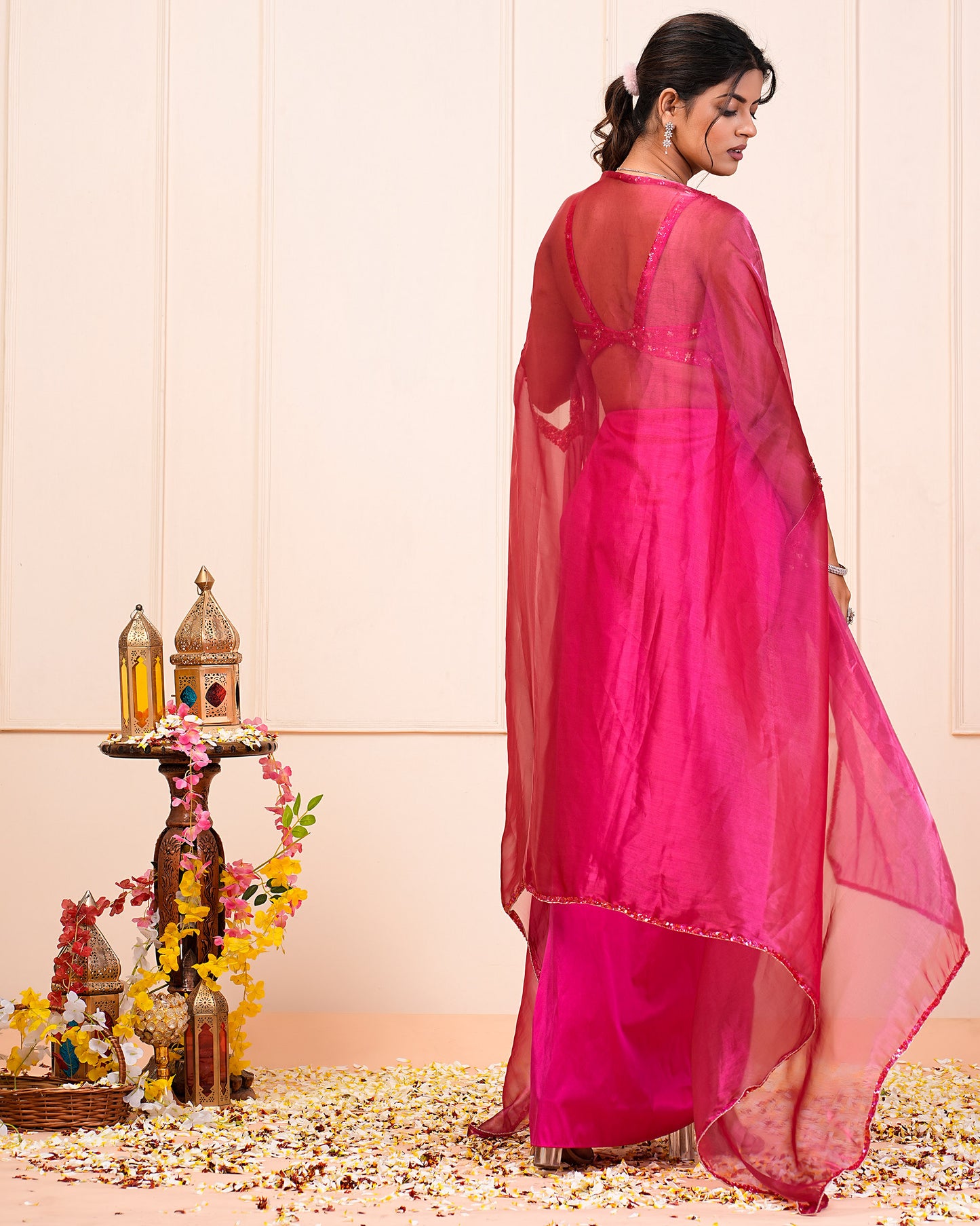Pink Heavy Embroidered Choli With Drape Skirt And Cape Set