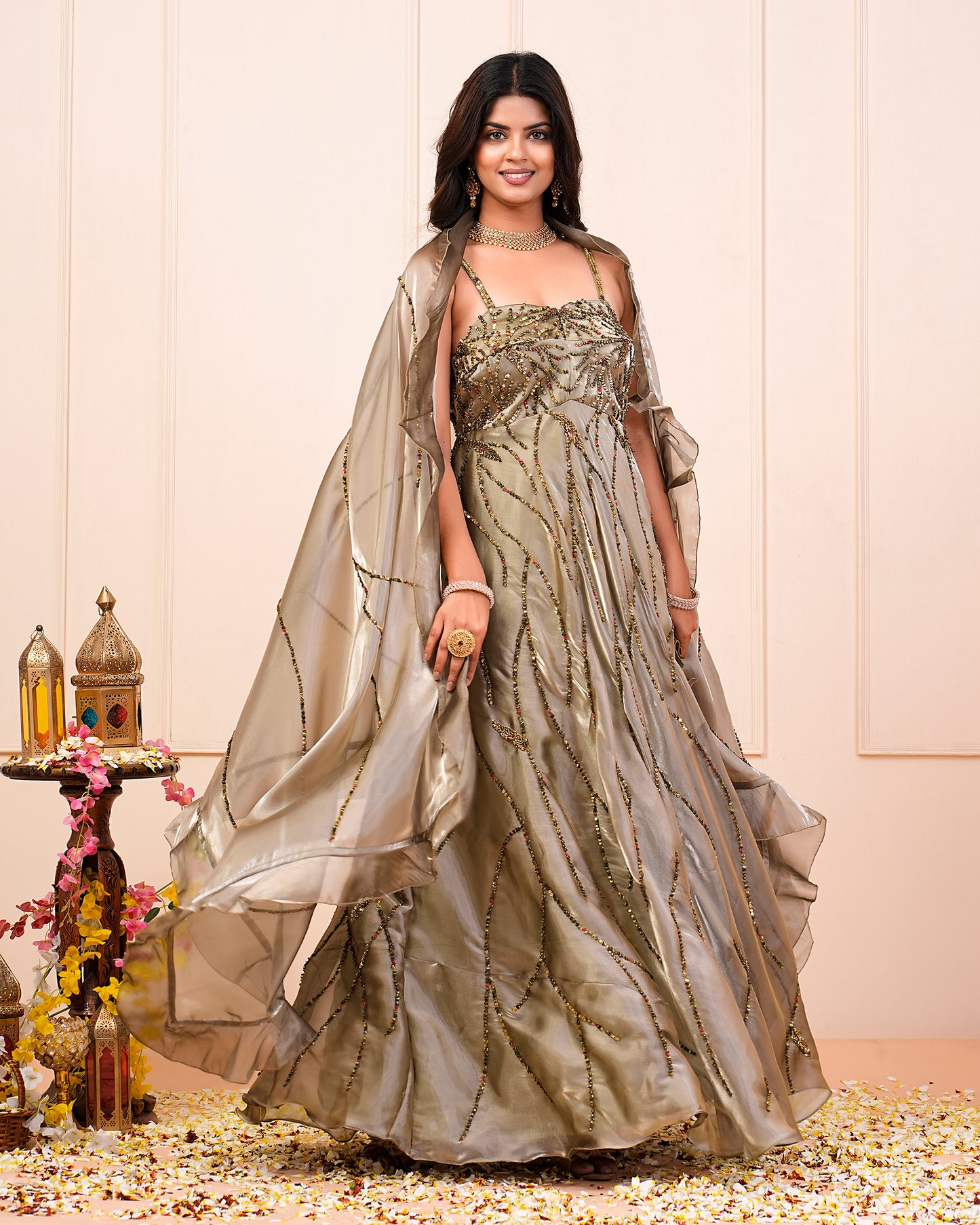 Laurel Green Sequence Embroidered Suit With Dupatta Set