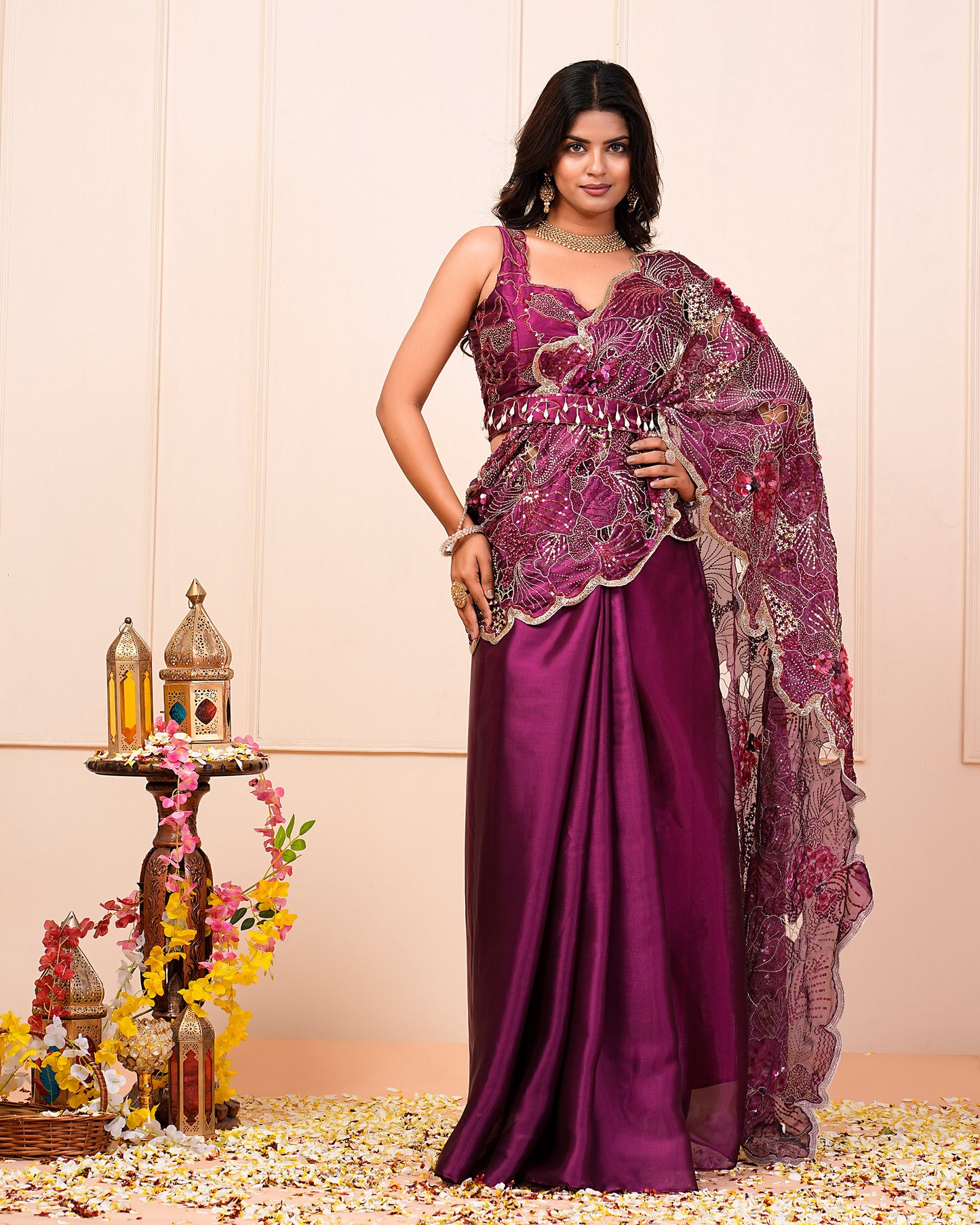 Raspberry Heavy Cutwork Hand Embroidered Blouse And Palla With Pre-Drape Saree Belt Set