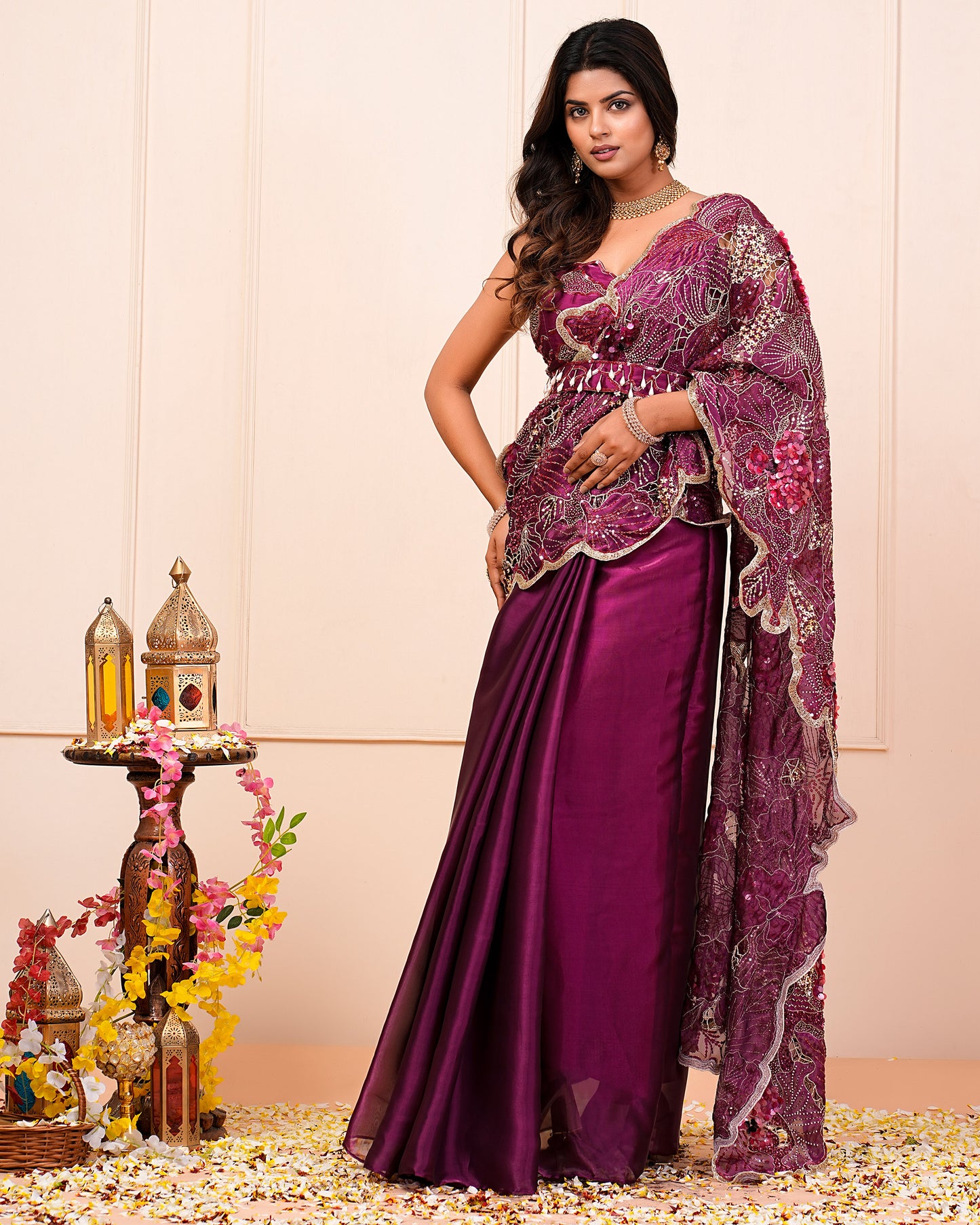 Raspberry Heavy Cutwork Hand Embroidered Blouse And Palla With Pre-Drape Saree Belt Set