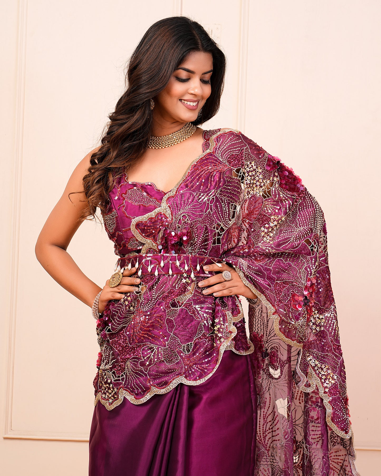 Raspberry Heavy Cutwork Hand Embroidered Blouse And Palla With Pre-Drape Saree Belt Set