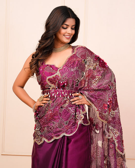 Raspberry Heavy Cutwork Hand Embroidered Blouse And Palla With Pre-Drape Saree Belt Set